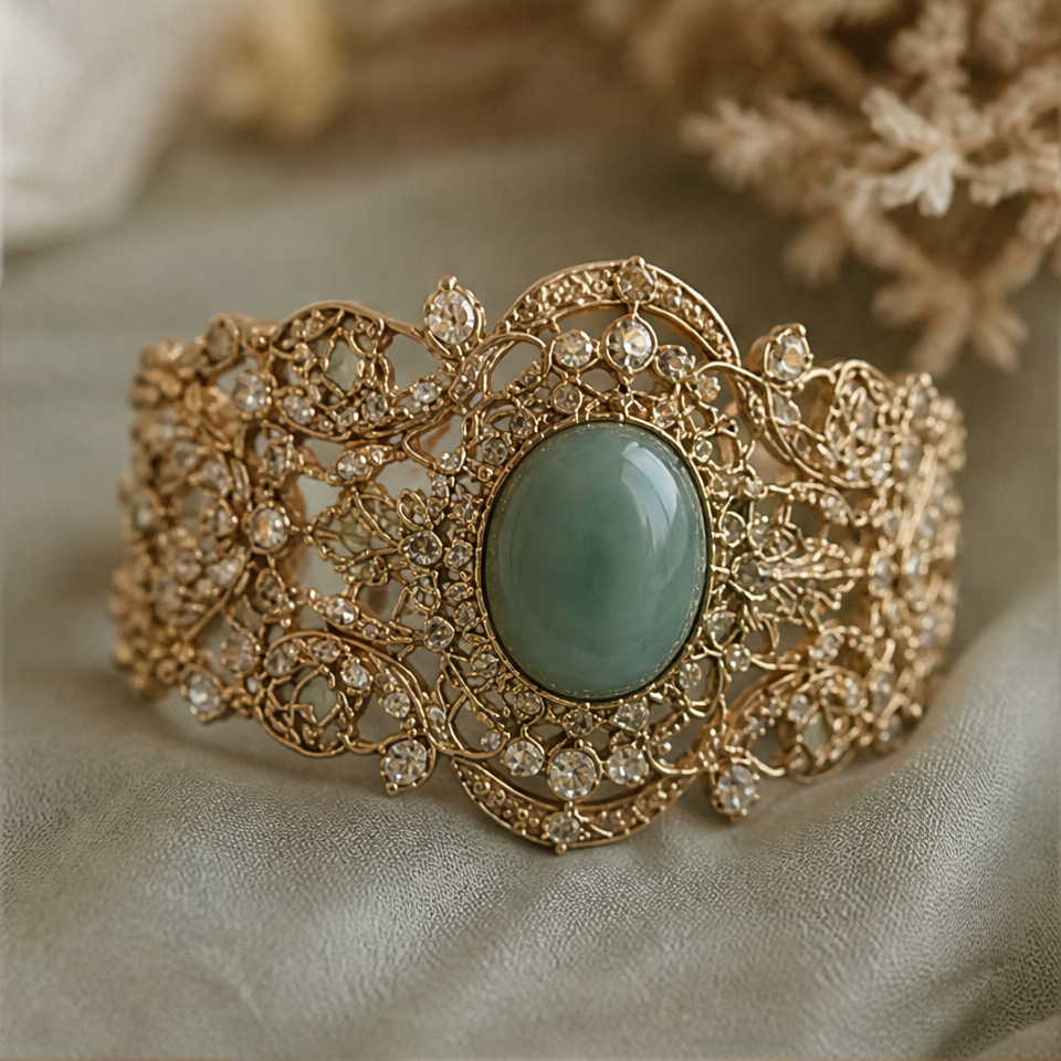 1786604123_219f29dd-2 Wide Filigree Gold Cuff with Oval Green Jade - 图片 1
