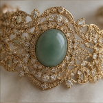 Wide Filigree Gold Cuff with Oval Green Jade - 图片 5