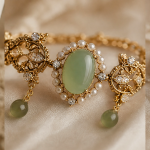 Oval Green Chalcedony and Pearl Vintage Gold Bracelet - Image 4