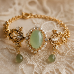 Oval Green Chalcedony and Pearl Vintage Gold Bracelet