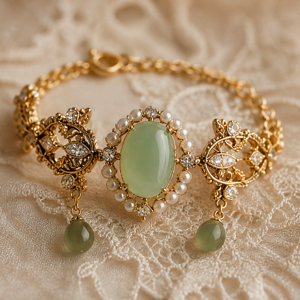 1786604234_33a41e84-3 Oval Green Chalcedony and Pearl Vintage Gold Bracelet - Image 1