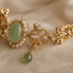 Oval Green Chalcedony and Pearl Vintage Gold Bracelet - Image 6