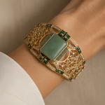 Art Deco Green Jade Wide Cuff in Gold Tone - 图片 2
