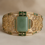 Art Deco Green Jade Wide Cuff in Gold Tone - 图片 9