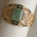 Art Deco Green Jade Wide Cuff in Gold Tone - 图片 3