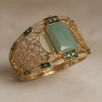 Art Deco Green Jade Wide Cuff in Gold Tone - 图片 4