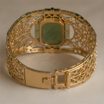 Art Deco Green Jade Wide Cuff in Gold Tone - 图片 5