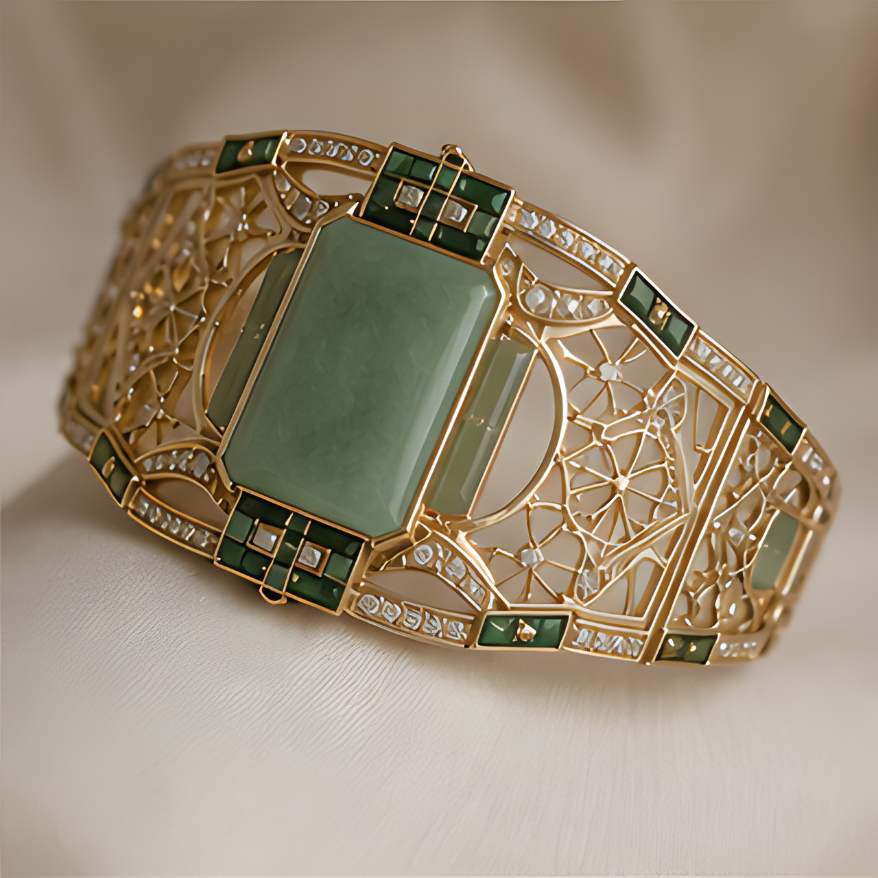 1786604245_76cc83a0-6 Art Deco Green Jade Wide Cuff in Gold Tone - 图片 1