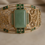Art Deco Green Jade Wide Cuff in Gold Tone - 图片 7