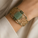 Art Deco Green Jade Wide Cuff in Gold Tone - 图片 6