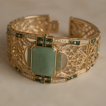 Art Deco Green Jade Wide Cuff in Gold Tone - 图片 8