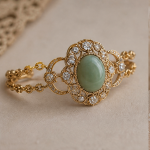 Oval Green Cabochon Halo Bracelet in Gold Tone - 图片 3