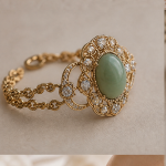 Oval Green Cabochon Halo Bracelet in Gold Tone - 图片 7