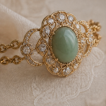 Oval Green Cabochon Halo Bracelet in Gold Tone - 图片 6