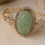 Carved Green Jade Oval Bracelet with Crystal Leaves - 图片 5