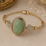 Carved Green Jade Oval Bracelet with Crystal Leaves