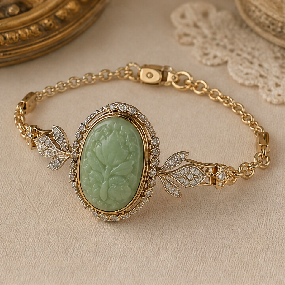 1786604359_01966acb-4 Carved Green Jade Oval Bracelet with Crystal Leaves - 图片 1
