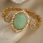 Carved Jade Oval Bracelet with Pearl and Crystal Halo
