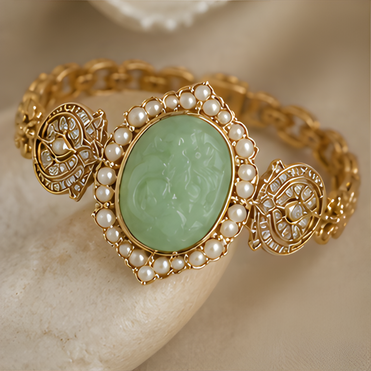 1786604359_9110818a-4 Carved Jade Oval Bracelet with Pearl and Crystal Halo - 图片 1