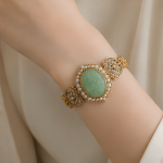 Carved Jade Oval Bracelet with Pearl and Crystal Halo - 图片 2