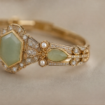 Hexagonal Green Stone Art Deco Bracelet in Gold - 图片 6
