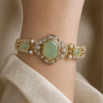 Hexagonal Green Stone Art Deco Bracelet in Gold - 图片 5
