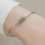 Green Jade Bar Bead Bangle in Sterling Silver - 图片 5