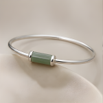 Green Jade Bar Bead Bangle in Sterling Silver