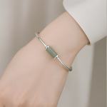 Green Jade Bar Bead Bangle in Sterling Silver - 图片 2