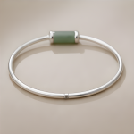 Green Jade Bar Bead Bangle in Sterling Silver - 图片 4