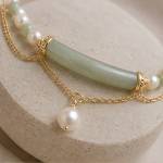 Curved Jade Bar and Pearl Double-Strand Bracelet - 图片 3