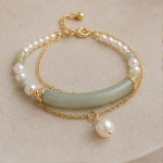 Curved Jade Bar and Pearl Double-Strand Bracelet