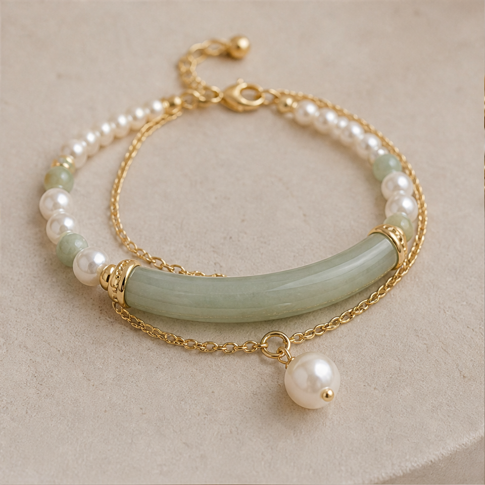 1786605337_99c4ec8a-5 Curved Jade Bar and Pearl Double-Strand Bracelet - 图片 1