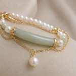Curved Jade Bar and Pearl Double-Strand Bracelet - 图片 4