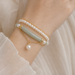 Curved Jade Bar and Pearl Double-Strand Bracelet - 图片 2
