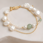 Baroque Pearl and Green Jade Bead Bracelet in Gold