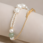 Baroque Pearl and Green Jade Bead Bracelet in Gold - 图片 3