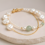 Baroque Pearl and Green Jade Bead Bracelet in Gold - 图片 4
