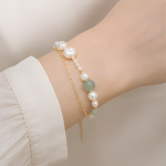 Baroque Pearl and Green Jade Bead Bracelet in Gold - 图片 2
