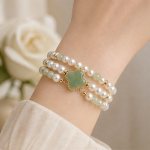 Green Jade Clover and Pearl Multi-Strand Bracelet - 图片 2