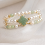 Green Jade Clover and Pearl Multi-Strand Bracelet