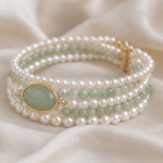 Oval Green Jade Cabochon Pearl and Bead Bracelet