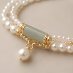 Green Jade Bar and Pearl Bracelet with Pearl Drop - 图片 4