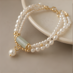 Green Jade Bar and Pearl Bracelet with Pearl Drop - 图片 3