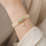 Green Jade Bar and Pearl Bracelet with Pearl Drop - 图片 2