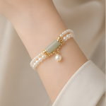 Green Jade Bar and Pearl Bracelet with Pearl Drop - 图片 5
