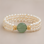 Green Jade Disc and Pearl Multi-Strand Bracelet