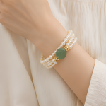 Green Jade Disc and Pearl Multi-Strand Bracelet - 图片 2