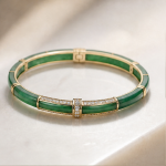 Green Jade Segment Bangle with Crystal Bars in Gold - 图片 3