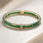 Green Jade Segment Bangle with Crystal Bars in Gold - 图片 7